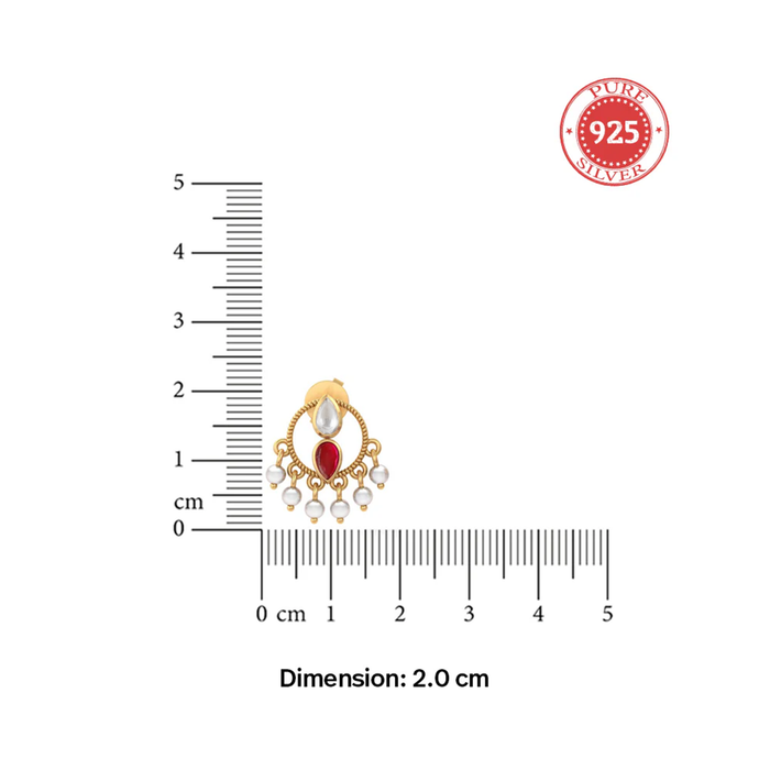 925 Sterling Silver Heirloom Round motif with Red Kundan & Pearl Stud Earrings (Gold Plated)
