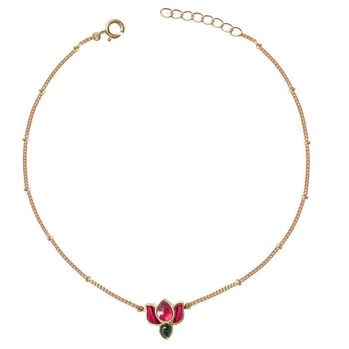 92.5 Sterling Silver Kundan Lotus Anklet - Single