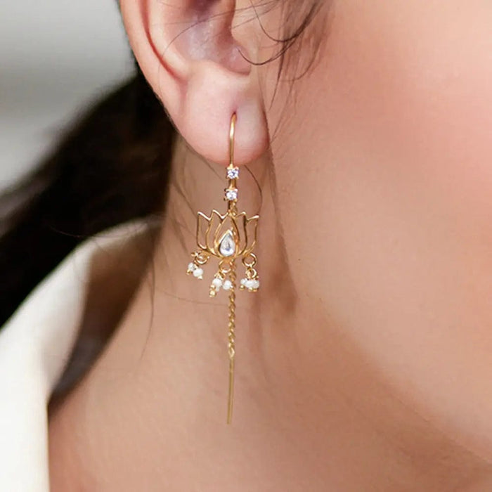 92.5 Sterling Silver Lotus Drop Sui Dhaga Earrings