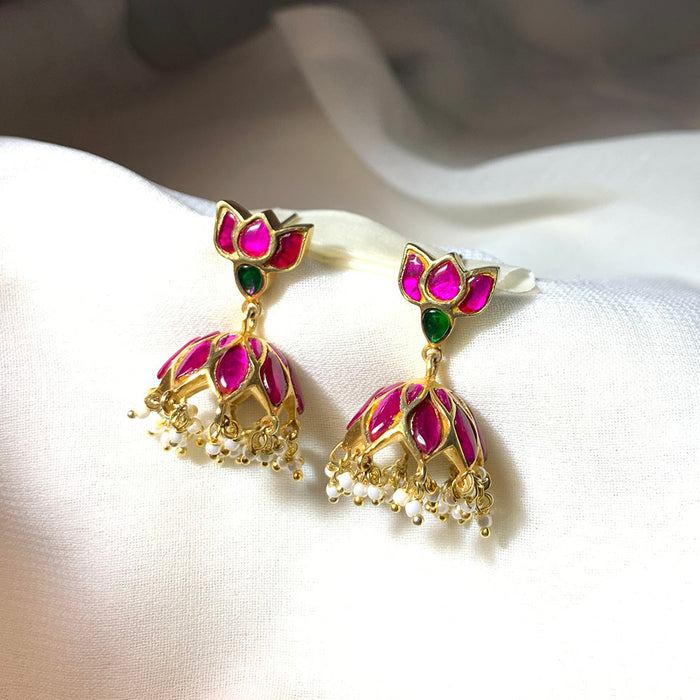 92.5 Sterling Silver Lotus kundan jhumka