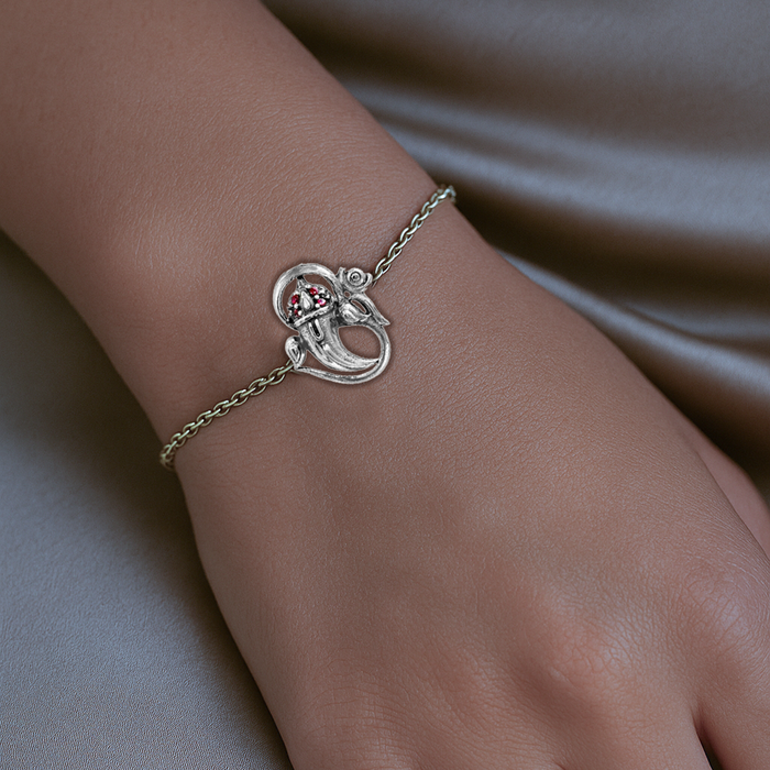 925 Sterling Silver Om Bracelet with Ruby Pink Stones