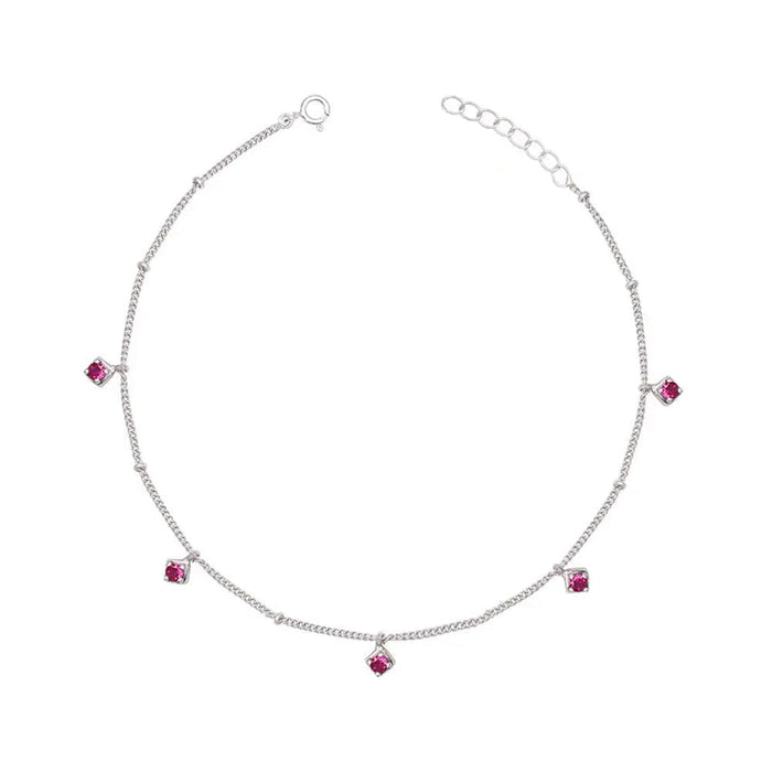925 Sterling Silver Single Red Zircon Anklet