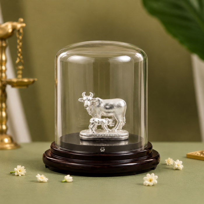 999 Silver Kamadhenu Cow and Calf Idol in Dome Casing