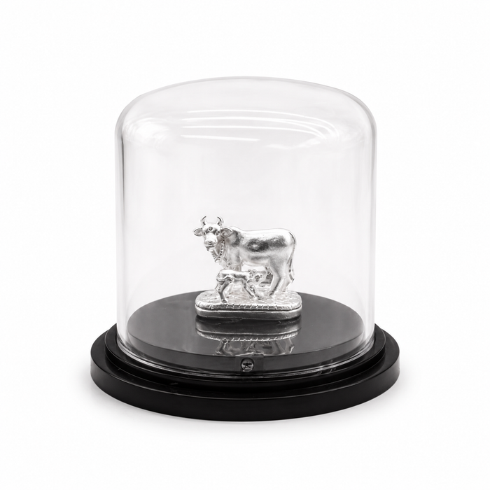 999 Silver Kamadhenu Cow and Calf Idol in Dome Casing