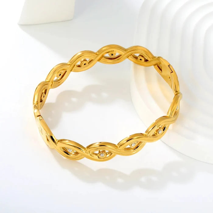Bangle 11.5mm Width Inner Size 50*58mm Twisted Paved Zircon Gold Plated Stainless Steel asonjewelry