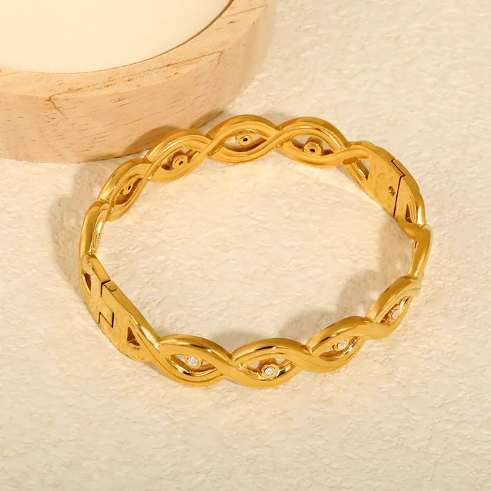 Bangle 11.5mm Width Inner Size 50*58mm Twisted Paved Zircon Gold Plated Stainless Steel asonjewelry