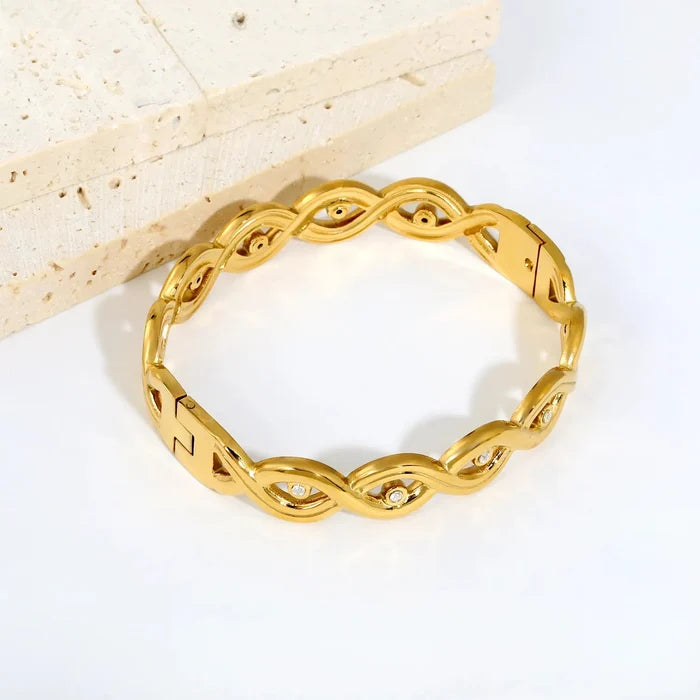 Bangle 11.5mm Width Inner Size 50*58mm Twisted Paved Zircon Gold Plated Stainless Steel asonjewelry