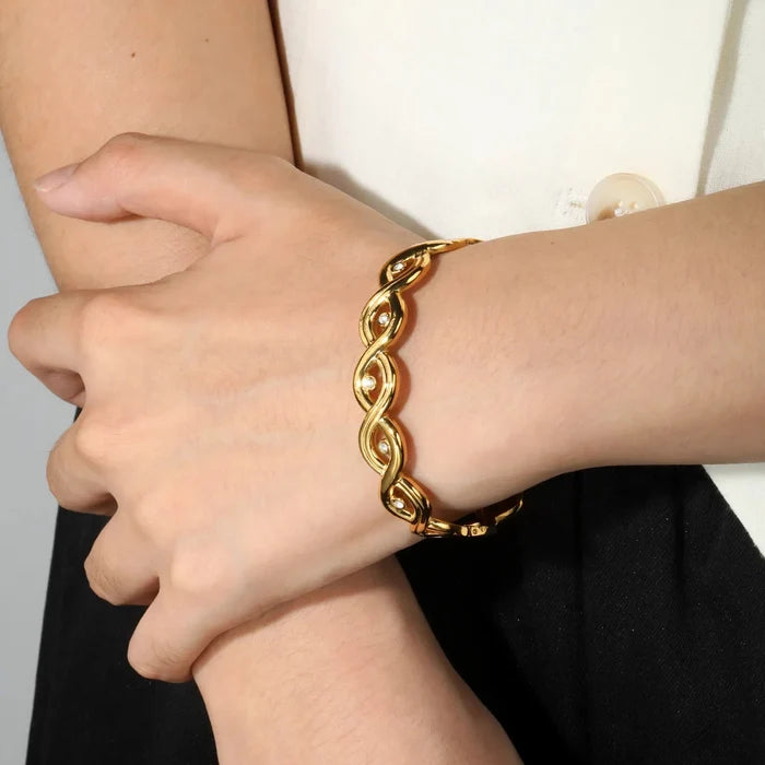 Bangle 11.5mm Width Inner Size 50*58mm Twisted Paved Zircon Gold Plated Stainless Steel asonjewelry