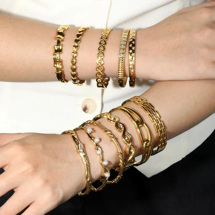 Bangle 11.5mm Width Inner Size 50*58mm Twisted Paved Zircon Gold Plated Stainless Steel asonjewelry