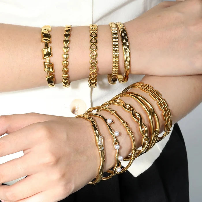 Bangle 11.5mm Width Inner Size 50*58mm Twisted Paved Zircon Gold Plated Stainless Steel asonjewelry