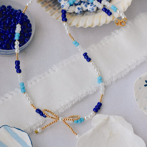 Blue and White Bow Necklace