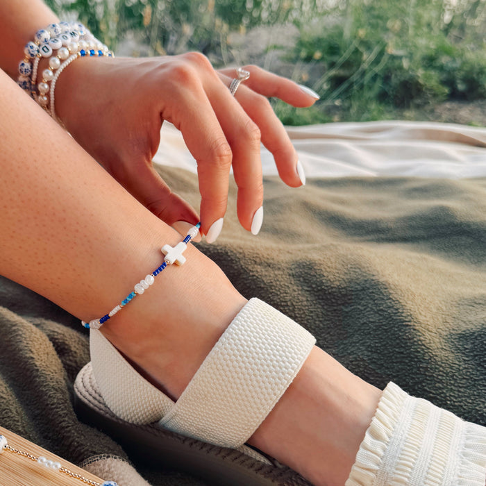 Blue and White Cross Anklet