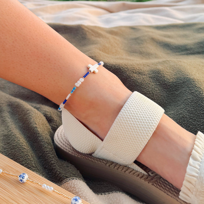 Blue and White Cross Anklet