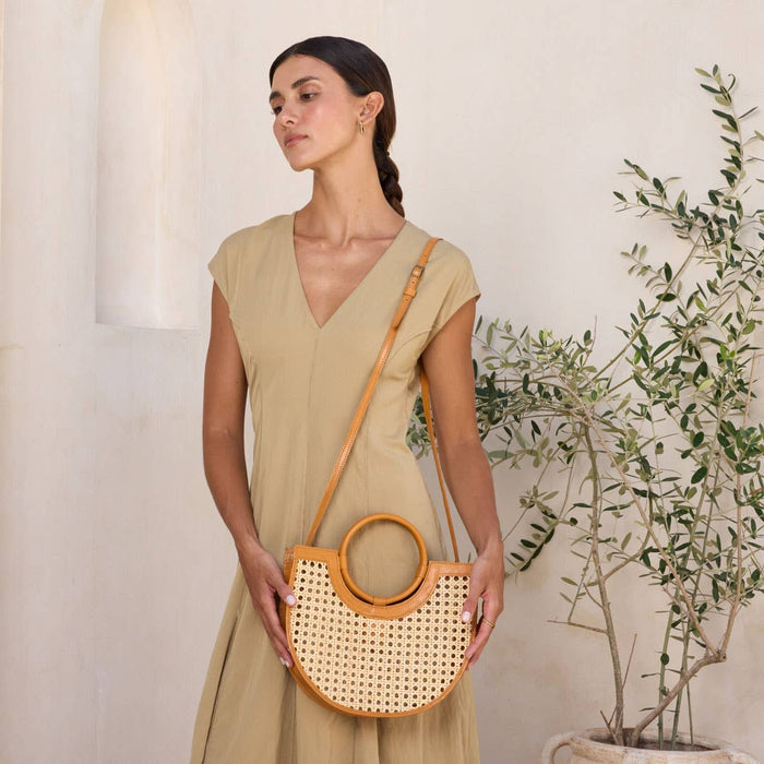 Brown Leather Square Cane Weave Rattan Handbag