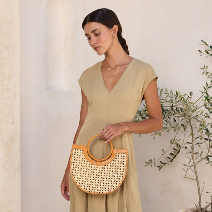 Brown Leather Square Cane Weave Rattan Handbag