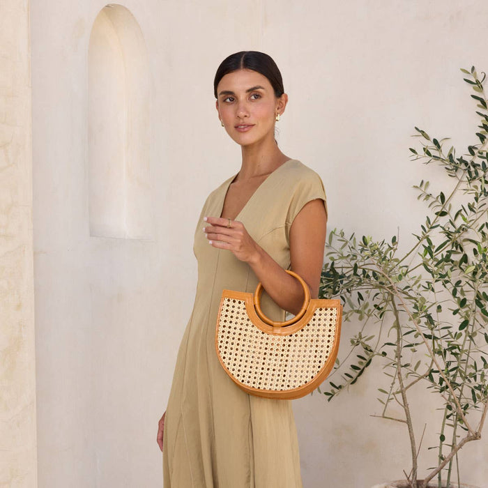 Brown Leather Square Cane Weave Rattan Handbag