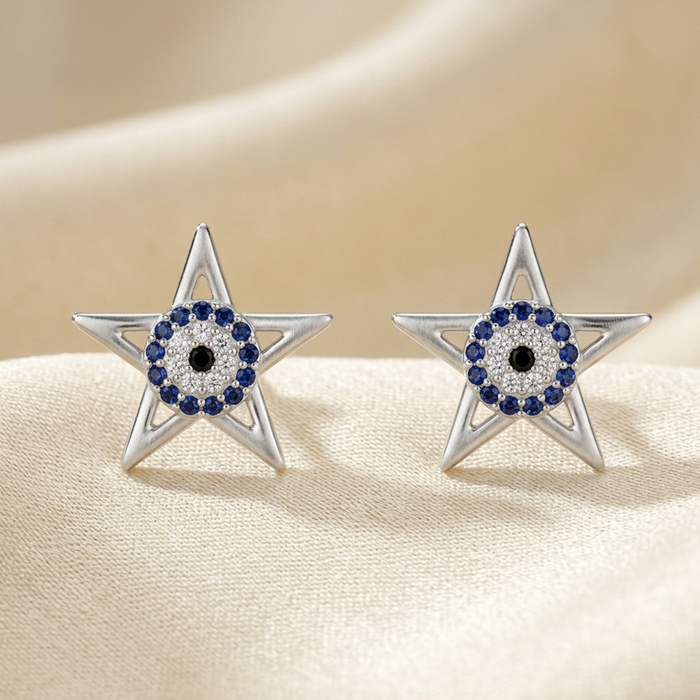 Celestial Guardian: Pure Silver Evil Eye Star Studs