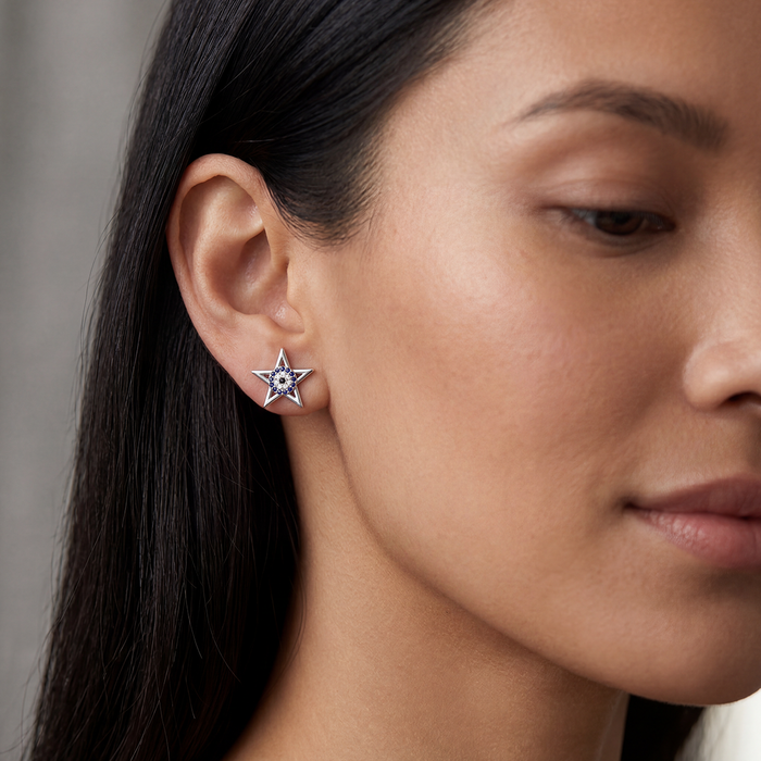 Celestial Guardian: Pure Silver Evil Eye Star Studs
