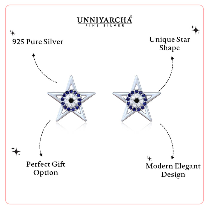 Celestial Guardian: Pure Silver Evil Eye Star Studs