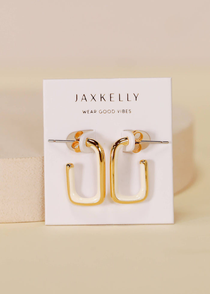 cream enamel large rectangle gold hoop earrings