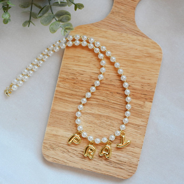 Custom Bubble Letter Pearl & Gold Chain Necklace