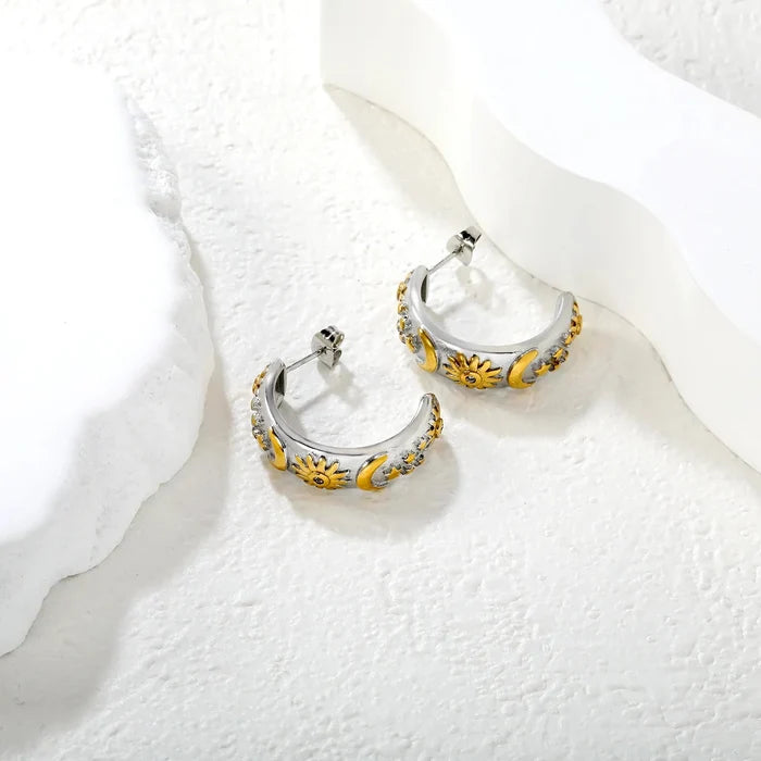 Earrings 8*27mm C-shaped moon star and sun with diamonds two-tone gold asonjewelry