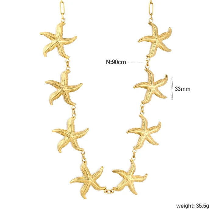 Eight 33mm Heavy Starfish Charms 1*4*12mm Paperclip Chain 90cm With 6mm Round End Tag Waist Chain Gold Tone asonjewelry