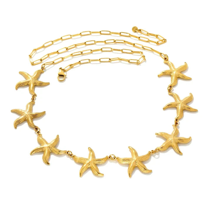 Eight 33mm Heavy Starfish Charms 1*4*12mm Paperclip Chain 90cm With 6mm Round End Tag Waist Chain Gold Tone asonjewelry