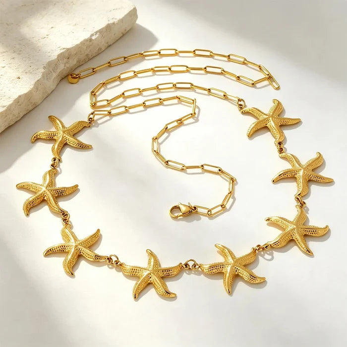 Eight 33mm Heavy Starfish Charms 1*4*12mm Paperclip Chain 90cm With 6mm Round End Tag Waist Chain Gold Tone asonjewelry