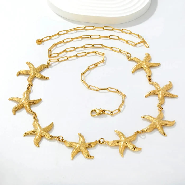 Eight 33mm Heavy Starfish Charms 1*4*12mm Paperclip Chain 90cm With 6mm Round End Tag Waist Chain Gold Tone asonjewelry