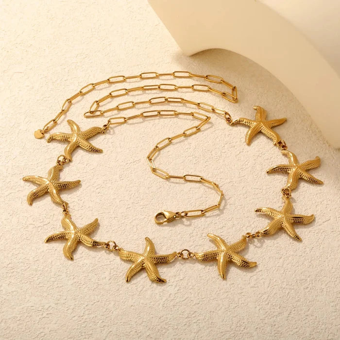 Eight 33mm Heavy Starfish Charms 1*4*12mm Paperclip Chain 90cm With 6mm Round End Tag Waist Chain Gold Tone asonjewelry