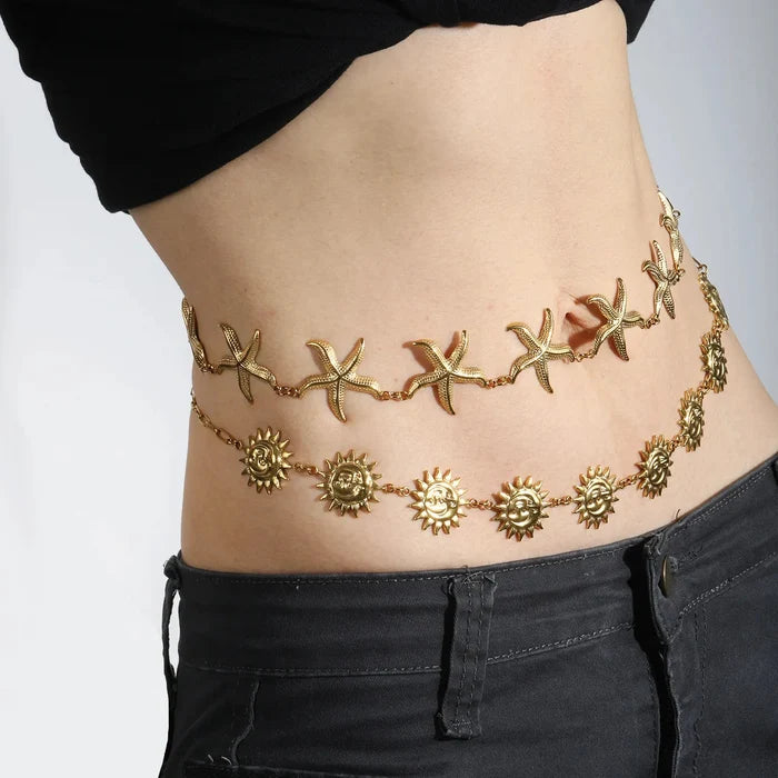 Eight 33mm Heavy Starfish Charms 1*4*12mm Paperclip Chain 90cm With 6mm Round End Tag Waist Chain Gold Tone