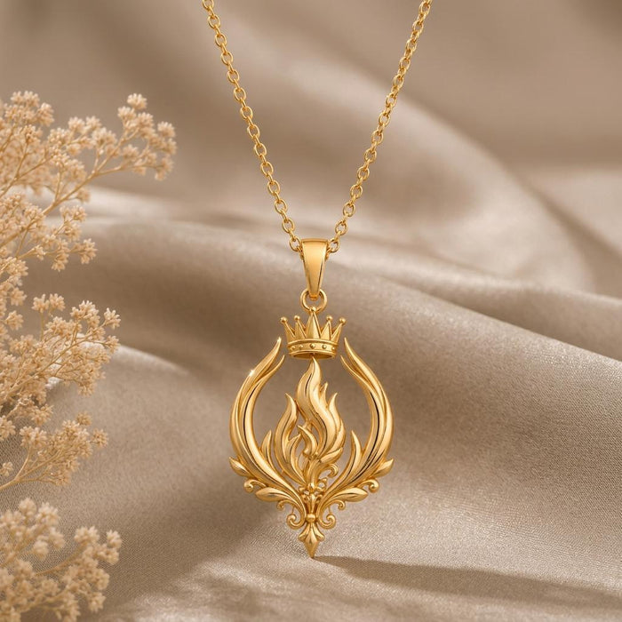 Close view of the Gold Plated Silver Empress Flame Crest pendant showing layered flames, crown detail, and scrolling lower drop