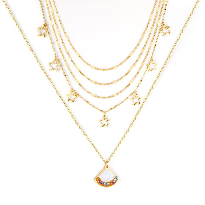 Fan + star pendant with mixed diamonds five chains 45 + 39 + 37 + 36 + 35 + 5cm gold asonjewelry