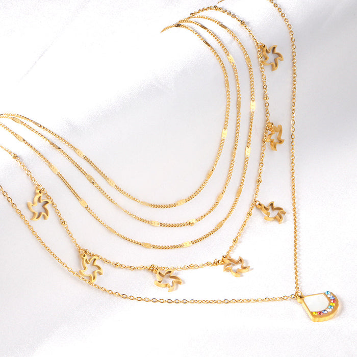 Fan + star pendant with mixed diamonds five chains 45 + 39 + 37 + 36 + 35 + 5cm gold asonjewelry