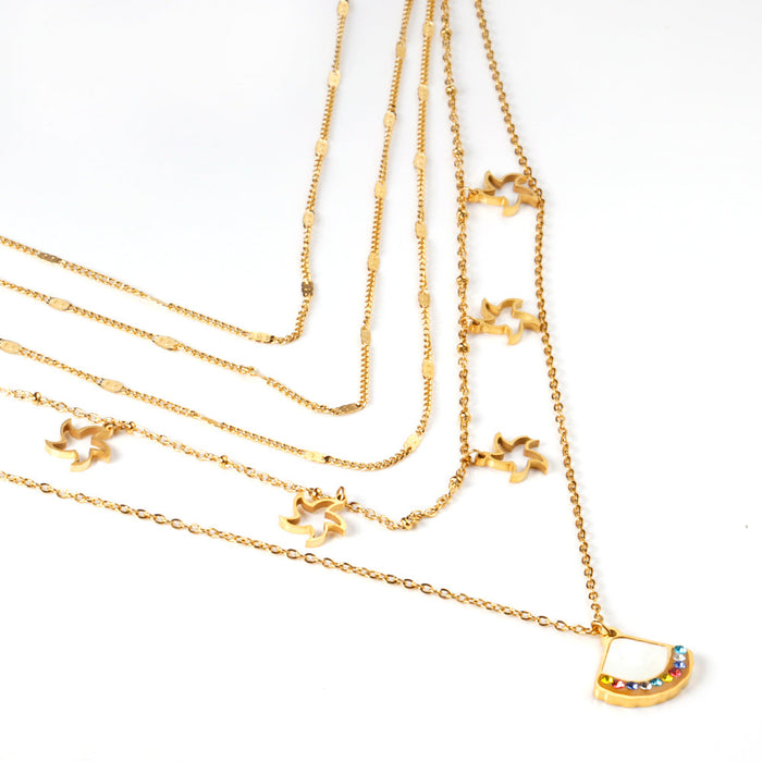 Fan + star pendant with mixed diamonds five chains 45 + 39 + 37 + 36 + 35 + 5cm gold asonjewelry