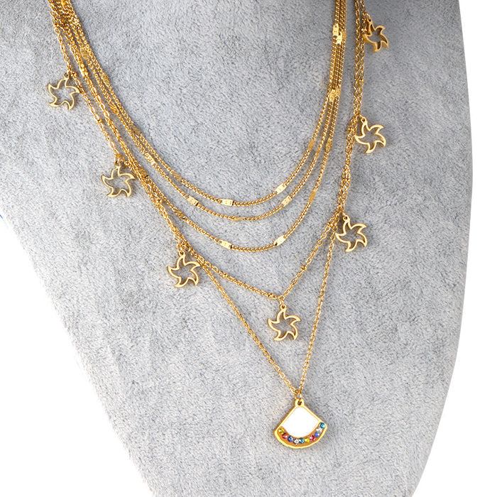 Fan + star pendant with mixed diamonds five chains 45 + 39 + 37 + 36 + 35 + 5cm gold asonjewelry