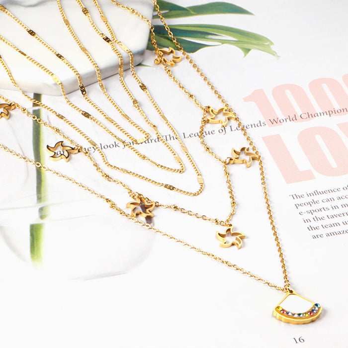 Fan + star pendant with mixed diamonds five chains 45 + 39 + 37 + 36 + 35 + 5cm gold asonjewelry