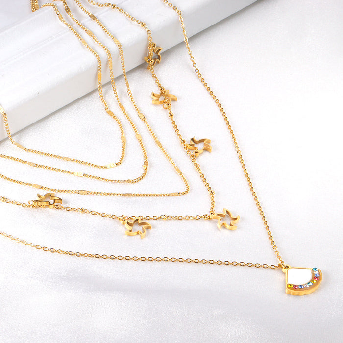 Fan + star pendant with mixed diamonds five chains 45 + 39 + 37 + 36 + 35 + 5cm gold asonjewelry