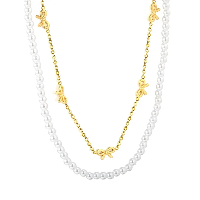 Gold Tone 10*6mm Butterfly Charm 1.5mm Cross Chain 40cm 4mm Pearl Chain 45+5cm With 6mm Round Tail Tag asonjewelry