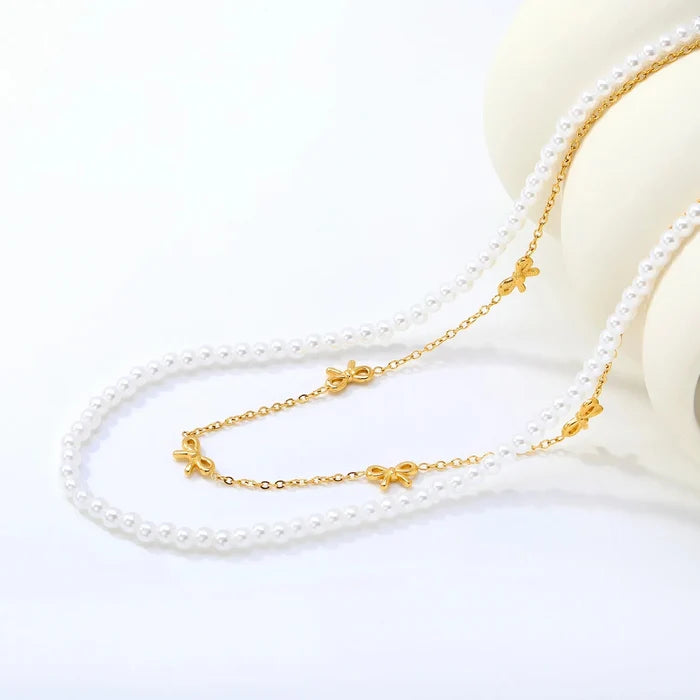 Gold Tone 10*6mm Butterfly Charm 1.5mm Cross Chain 40cm 4mm Pearl Chain 45+5cm With 6mm Round Tail Tag asonjewelry