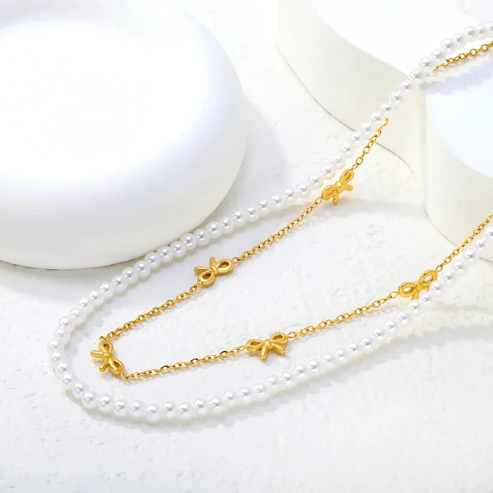 Gold Tone 10*6mm Butterfly Charm 1.5mm Cross Chain 40cm 4mm Pearl Chain 45+5cm With 6mm Round Tail Tag asonjewelry