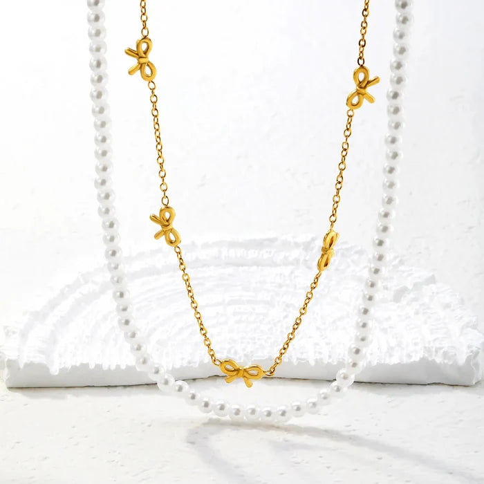 Gold Tone 10*6mm Butterfly Charm 1.5mm Cross Chain 40cm 4mm Pearl Chain 45+5cm With 6mm Round Tail Tag asonjewelry