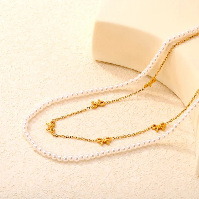 Gold Tone 10*6mm Butterfly Charm 1.5mm Cross Chain 40cm 4mm Pearl Chain 45+5cm With 6mm Round Tail Tag asonjewelry