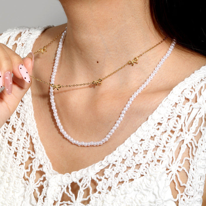 Gold Tone 10*6mm Butterfly Charm 1.5mm Cross Chain 40cm 4mm Pearl Chain 45+5cm With 6mm Round Tail Tag asonjewelry