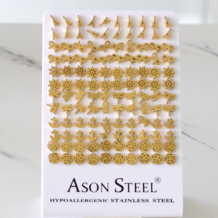 Gold-tone spikes/bows/dragonflies cut-out studs without diamonds on mounts asonjewelry