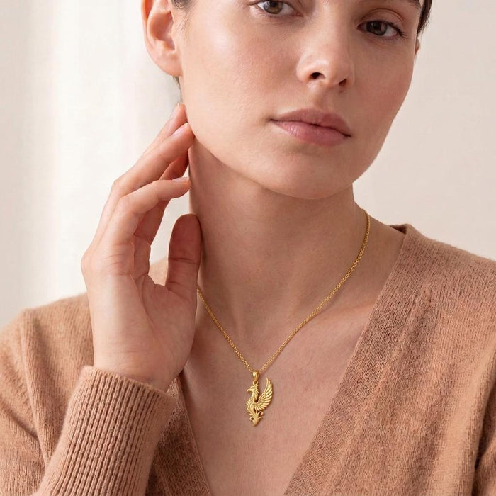 Gold Plated Silver Griffin Wing Pendant Necklace worn at the neckline in a portrait