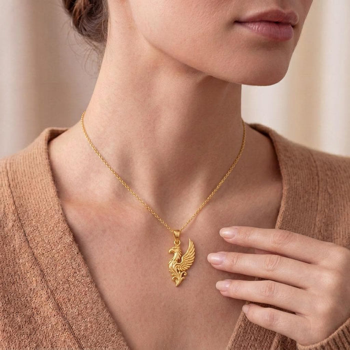 Close neckline view of the Gold Plated Silver Griffin Wing Pendant Necklace
