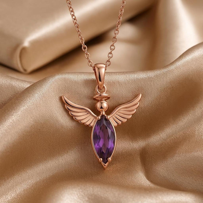 Rose Gold Plated Angel Wing Necklace on satin fabric