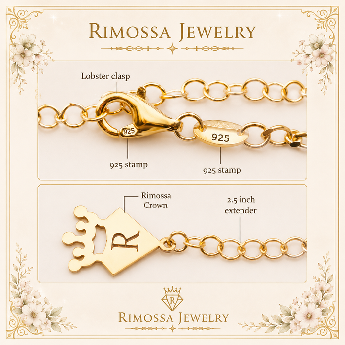 Lobster clasp, physical 925 hallmark, crown end detail, and 2.5-inch extender chain guide